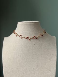 Delicate red leafy vine  choker necklace, Gold summer wedding bridal necklaces A perfect treat yourself gift or a gift for a loved one!  Heart shaped necklace chain is made from 16k gold plated stainless steel.  Necklace is 35cm with 6cm extending chain. If you would like a different length please message me :)  Pendants are made from copper and cubic zirconia   Do not hesitate to ask if you have any questions :) Bridal Necklace Layering, Pretty Chain Necklaces, Red Dress Necklace, Jewellery Choker Necklace, Cute Necklace Gold, Gold Necklace With Red Stone, Red Prom Dress Gold Jewelry, Elegant Clavicle Chain Choker For Valentine's Day, Dainty Choker Necklaces For Valentine's Day