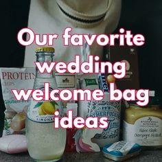 a table topped with lots of different types of wedding welcome bags and condiments