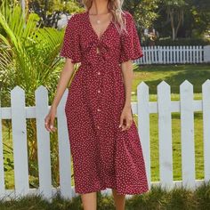 Polka Dot Knot-Bust A-Line Dress. Burgundy Color. Tie Bow On The Front. New In Package Tag Reads Size Xl But I Feel It’s More Of A Large But Please See Last Photo For Measurements To Decide On Personal Fit. Leaf Sleeve, Bowknot Dress, Knot Dress, Ruffle Sleeve Dress, Lotus Leaf, Dot Skirt, Red Midi Dress, Necklines For Dresses, Stylish Fashion