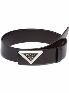 Black leather triangle logo-detail belt from PRADA featuring enamel triangle logo, silver-tone hardware and adjustable fit. | Prada Triangle Logo-Detail Belt Prada Belt, Prada Triangle, Prada Men, Triangle Logo, Designer Items, Leather Buckle, Designer Clothes For Men, Nylon Bag, Silver Man