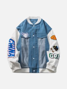 Majesda® - Patch Embroidered Denim Patchwork Baseball Jacket- Outfit Ideas - Streetwear Fashion - majesda.com Embroidery Collage, Jaket Denim, Jacket Embroidery, Couple Jacket, Heavy Winter Coat, The Final Chapter, Striped Knitted Sweater, Retro Jacket, Patchwork Jacket