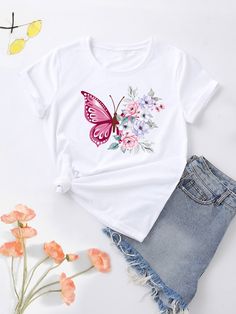 Floral & Butterfly Print Tee Graphic Tees Women Tops White Casual  Short Sleeve Fabric Floral,Butterfly  Slight Stretch Summer Women Clothing, size features are:Bust: ,Length: ,Sleeve Length: White T Shirt Painting Ideas, Butterfly Tshirt Design, Boys Shirts Pattern, Printed Tee Women, Fabric Painting On Clothes, T Shirt Painting, Floral Butterfly, Shirt Print Design, Painted Clothes