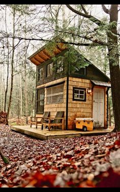 a tiny house in the woods with lots of leaves