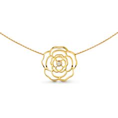 B.Tiff Rosé Gold Plated Brass Pendant Necklace The Rosé Pendant is an intricate dainty piece that is always in bloom. The pedals are hollowed out in organic lines with a .03 ct B.Tiff Diamond Alternative stone at the center. This pendant will complement a wide variety of outfits with lovely glisten. Specifications: .03 ct B.Tiff Diamond Alternative Brass Gold or Silver Color Available Width: 19mm Product #PT308G Camelia Chanel, Brass Pendant Necklace, Chanel Chain, Chanel Necklace, Tiffany Jewelry, Jewelry Website, Cartier Jewelry, 자수 디자인, Chanel Jewelry