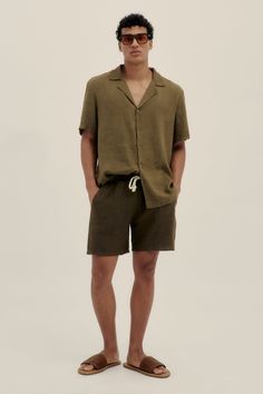 Button down camp collar shirt made in Italy from a breathable linen cotton blend fabric. Wooden buttons 52% linen, 48% cotton Polonio patch logo Made in Italy Camp Collar Shirt, Resort Shirt, Wooden Buttons, Knit Sweater Dress, Short Jumpsuit, Man Swimming, Collar Shirt, Accessories Jacket, Sweater And Shorts