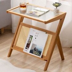 a table with a magazine rack on top of it