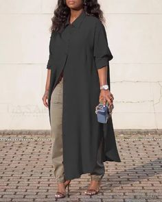 Lasaky - Long Sleeve Button Down Shirt Dress Long Sleeve Chiffon Shirt, Solid Midi Dress, Chiffon Cardigan, Shirt Collar Styles, Button Down Shirt Dress, Chiffon Fashion, Shirt Dress Casual, Chiffon Long Sleeve, Long Shirt Dress