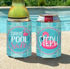 two can coolers sitting next to a pool with a pink flamingo on it