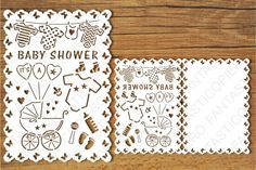 two paper napkins that have baby shower designs on them, one is white and the other is brown