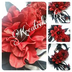 red flowers with black ribbons and the words wedding written on them are shown in four different pictures