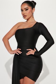 Available In Royal, Black, And Hunter. Mini Dress One Shoulder Long Sleeve Drape Detail Stretch 85% Polyester 15% Spandex Imported | Waiting For Ur Love Mini Dress in Black size Medium by Fashion Nova Dress One Shoulder Long, Date Night Fashion, Night Fashion, Dress One Shoulder, Aesthetic Collage, Dress First, Mini Black Dress, Date Night, Fashion Nova