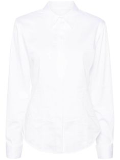 white cotton blend poplin texture embroidered logo to the side dart detailing classic collar concealed front button fastening long sleeves buttoned cuffs curved hem Timeless Cotton Blouse With Button Cuffs, White Long Sleeve Blouse With Hidden Button Closure, White Shirt With Placket For Work, White Shirt With Fold Down Collar For Work, Timeless Fitted Cotton Blouse, White Slim Fit Blouse For Work, Business White Blouse With Spread Collar, White Business Blouse With Placket, White Business Blouse With Spread Collar