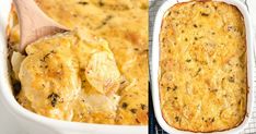 two images side by side one with chicken and the other with bread in it, both covered in cheese