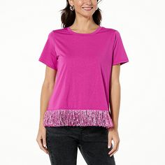 G by Giuliana Short-Sleeve Knit Top with Fringe Trim Every day is a good day to sparkle … and why not add a little fringe too? Take your everyday look from drab to fab with this classic short-sleeve tee updated with faux feather fringe and sparkling sequins. Spring Fringe Crew Neck Tops, Spring Crew Neck Top With Fringe, Casual Knit Top With Fringe, Spring Pink Fringed Tops, Pink Fringe Top For Spring, Pink Fringed Top For Spring, Spring Knit Top With Fringe, Modern Chic Fashion, Feather Fringe