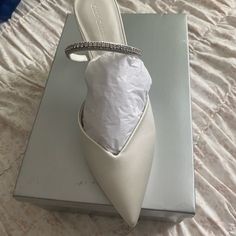 Crystal Strap Pointed Toe Satin Mules Still In Box Never Worn Except To Try On Size 9 Style - Vero Elegant Synthetic Wedding Shoes With 4-inch Heel, Elegant Synthetic Wedding Shoes With Almond Toe, Elegant Synthetic Almond Toe Wedding Shoes, Elegant High Heel Synthetic Wedding Shoes, White Synthetic Almond Toe Wedding Shoes, Elegant Synthetic Wedding Shoes, White Almond Toe Synthetic Wedding Shoes, Elegant Low Heel Synthetic Wedding Shoes, Chic Synthetic Heels For Wedding