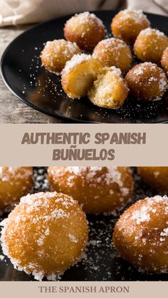 some sugared doughnuts are on a black plate and the words authentic spanish bundelos