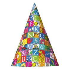 a multicolored party hat with cartoon characters on it