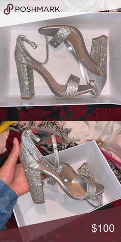 Prom Shoes Block Heel, Heels For Mini Prom, White Glittery Heels, Silver Diamond Heels, White Glitter Heels, Quinceanera Heels, Sliver Heels, Glittery Heels, Quinceanera Shoes