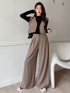 2pcs Women's Solid V-Neck Single Breasted Vest & Wide Leg Pants Casual Suit Coffee Brown Casual    Plain  Non-Stretch Spring/Fall Women Clothing, size features are:Bust: ,Length: ,Sleeve Length: Business Casual With Black Pants, Formal Jackets For Women Classy, Matching Vest And Pants Outfit, Brown Flowy Pants Outfit, Wide Leg Pants For Fall, Formal Pants Outfit Women, Casual Suits For Women, Vest And Pants Outfit, Business Casual Fits