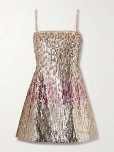 VALENTINO GARAVANI Embellished wool and silk-blend crepe mini dress Floral Dresses Short, Mini Robes, Embellished Dress, Gold Dress, Fancy Dresses, Dream Dress, A Line Skirt, Net A Porter, Valentino Garavani