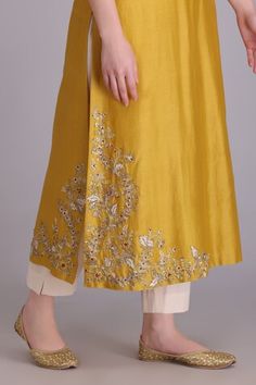 Yellow chanderi straight kurta with pitta embroidery. Paired with geometric printed dupatta and ivory straight pant. - Aza Fashions Embroidered Slub Silk Palazzo Set, Yellow Chanderi Palazzo Set With Embroidered Border, Embroidered Slub Silk Palazzo Set With Traditional Drape, Yellow Anarkali Palazzo Set With Embroidered Border, Yellow Embroidered Palazzo Set For Festivals, Yellow Palazzo Set With Embroidered Border For Diwali, Diwali Yellow Palazzo Set With Embroidered Border, Diwali Yellow Embroidered Palazzo Set, Embroidered Cotton Silk Palazzo Set