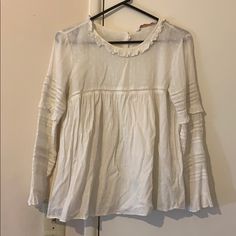 Bnwt, The Actual Tag Came Off. Never Worn. Just Wrinkly Due To Closet Storage. 100% Cotton White Long Sleeve Tops With Ruffle Hem, Spring White Blouse With Ruffle Hem, White Spring Blouse With Ruffle Hem, White Ruffle Hem Blouse For Spring, White Blouse With Ruffle Hem For Spring, Spring White Blouse With Ruffles, White Flowy Blouse With Ruffle Sleeves, White Ruffled Blouse For Spring, White Feminine Top With Ruffle Hem