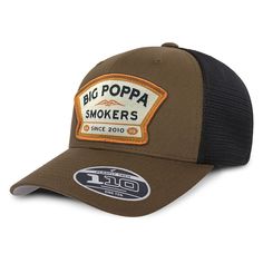 A brown and black trucker-style hat with a beige and orange patch on the front reading 'Big Poppa Smokers' and 'CA Since 2010'. Fall Grilling, Meat Injector, Offset Smoker, Bbq Seasoning, Side Dish Recipes Easy, Asian Inspired Recipes, Visor Hats, Bbq Recipes, Classic Logo