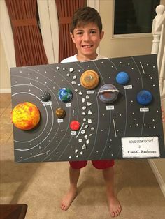 a young boy holding up a solar system poster