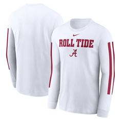 Showcase your Alabama Crimson Tide pride with the Nike Local Spirit Slogan Long Sleeve T-Shirt. Soft cotton fabric provides continuous comfort, while the team script and logo printed at the center chest leave no doubt about your Crimson Tide fandom. The pattern in team colors printed down both sleeves adds a bold and stylish touch. This tee is perfect for any Crimson Tide fan looking to showcase their school spirit in style. Nike Collegiate Long Sleeve T-shirt, Collegiate Long Sleeve T-shirt With Relaxed Fit, Long Sleeve Cotton T-shirt With Team Name, White Varsity Jersey T-shirt, Long Sleeve T-shirt With Team Name For Fans, Athletic Heather Long Sleeve T-shirt With Letter Print, Nike Fan Apparel T-shirt With Letter Print, Collegiate Long Sleeve T-shirt For College, Athletic Heather Fan Apparel T-shirt For Sports Season