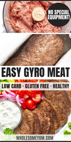 an easy gyro meat recipe is shown in the bottom left corner and on the right