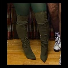 Knee High. High Heeled, Suede Boots. Women's Size 7 1/2 Brand New, Worn Once For A Halloween Costume & Been In The Box/Protectives Bags Since. I Am 5'1, They Came Just Over My Knee As Seen In The Photo. They Are Olive Green. Fitted Knee-high Synthetic Heeled Boots, Fitted Boots With Round Toe For Night Out, Fitted Round Toe Boots For Night Out, Fitted High Ankle Synthetic Heeled Boots, Trendy Fitted High Ankle Heeled Boots, Fitted Synthetic Thigh High Boots, Fitted Thigh-high Synthetic Boots, Fitted Synthetic Heeled Boots For Night Out, Winter Fitted Synthetic Boots