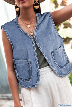 OrcaJump - Stylish Ashleigh Denim Vest with Blue Braided Trim and Convenient Pockets Spring Blue Chambray Denim Jacket, Fall Washed Blue Denim Top, Spring Washed Denim Vest, Bohemian Blue Denim Top, Summer Blue Denim Vest With Pockets, Blue Non-stretch Casual Denim Top, Blue Denim Vest With Pockets For Summer, Summer Casual Chambray Denim Jacket, Casual Chambray Denim Jacket For Summer