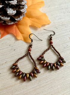 Copper Boho Beaded Fan Earrings Fall Statement Beadwork Jewelry Handmade Gift for Sister - Etsy Boho Earrings Diy, Dark Mauve, Gift For Sister, Fan Earrings, Bead Work Jewelry, Brushed Metal, Diy Earrings, Sister Gifts, Jewelry Handmade