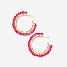 Eve Ombre Beaded Hoop Earrings Hot Pink/Coral Summer Hoop Earrings With Dangling Beads, Colorful Beads Hoop Earrings For Beach, Beaded Hoop Earrings For Spring, Summer Beaded Dangling Earrings, Trendy Summer Small Hoop Beaded Earrings, Summer Party Hoop Earrings With Colorful Beads, Summer Party Colorful Beaded Hoop Earrings, Colorful Beads Hoop Earrings, Colorful Beads Hoop Earrings For Party