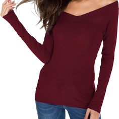 Women's Burgundy / Red Colored Long Sleeve Blouse. V Neck, Sits Slightly Off The Shoulders. Sarin Mathews Brand Size Medium Soft, Slinky, Stretchy Material New, Without Tags Shown On A Size 4 Dress Form 17.5" Across Chest, Measured At Underarms 26" Long Red V-neck Blouse For Fall, Burgundy V-neck Top For Winter, Winter V-neck Blouse, Red V-neck Top, Wine Top, Dress Form, V Neck Blouse, Burgundy Red, Wine Red