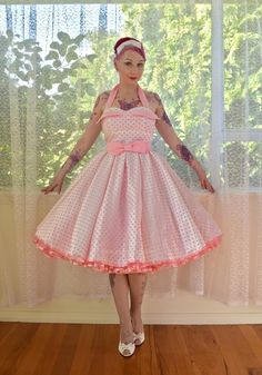 1950's 'Clover' Rockabilly Wedding Dress with Pink Polka Dot Overlay, Petal Bodice, Full Circle Skirt & Petticoat - Custom made to fit Wedding Dress With Bling, Wedding Dress With Pink, Wedding Dresses With Bling, Rockabilly Wedding Dresses, Wedding Dresses Silk, Open Back Wedding Dresses, Dot Overlay, Wedding Dresses Backless, Rockabilly Wedding