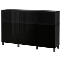 a black cabinet with glass doors on the front and bottom, against a white background