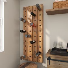 Display and organize your wine bottles with this rustic riddling wine bottle rack mounted on your walls. This item ships in 1 carton. Can be hung vertically using the bracket on the back; nails and screws not included. Suitable for indoor use only. This item ships fully assembled in one piece. Maximum weight limit is 100 lbs. This is a single brown colored wall mounted wine holder. Rustic style. Brown wall wine rack can hold 40 average wine bottles. Grayson Lane 40-Bottle Brown Tall Wood Wall-mo Wine Decor Ideas, Wood Wall Wine Rack, Wood Wine Holder, Wall Wine Rack, Hanging Wine Rack, Diy Bunk Bed, Colored Glass Bottles, Wall Mounted Wine Rack, Brown Wall