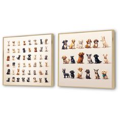 two framed pictures with dogs on them, one in white and the other in brown