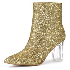 Can't help falling in love with these sparkly booties. The Glitter Ankle Boots have high block heels, a pointed toe, a low shaft that zips up the inside, and a safe cover on the mouth of shoes to prevent rubbing from the glitter. The glitter design will make you stand out in the crowd. It is a great choice for dating and hanging out with friends. It will win your heart via your feet. Glitter Ankle Boots, Gold Ankle Boots, High Block Heels, Can't Help Falling In Love, Clear Block Heels, Gold High Heels, Chunky Heel Ankle Boots, Buckle Ankle Boots, Party Heels