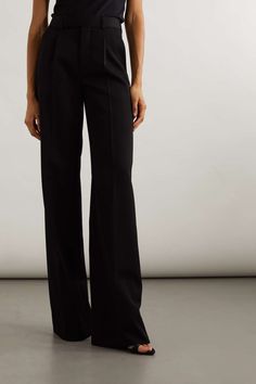 Elegant Wide Leg Evening Bottoms, Luxury High-waisted Evening Pants, Chic Straight Dress Pants For Formal Occasions, Chic Tailored Evening Pants, Sleek Wide Leg Pants For Work, Elegant Wide Leg Pants For Office, Sleek Wide Leg Workwear Pants, Chic Pantsuit With Pressed Crease, Chic Tailored Pants For Evening