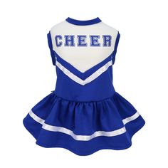 a blue and white cheerleader dress with the word cheer on it's chest