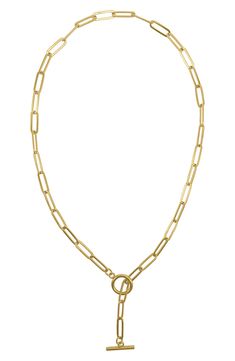 Show off contemporary style with this elegant water-resistant 14-karat gold plated paper-clip chain lariat necklace. 19" length Toggle closure This piece of jewelry is water-resistant and will not tarnish with water contact 14k-gold plate/stainless steel Imported Modern Lariat Necklaces With Cable Chain, Modern Lariat Cable Chain Jewelry, Everyday Gold Lariat Necklace With Lobster Clasp, Elegant Toggle Necklace With Paperclip Chain, Gold-tone Paperclip Chain Necklace For Formal Occasions, Elegant Lariat Chain Necklace With Lobster Clasp, Elegant Lariat Chain Necklace With Paperclip Chain, Formal Lariat Jewelry With Paperclip Chain, Chic Formal Chain Necklace With Lobster Clasp