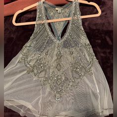 Bought At Urban Outfitters For $90 And Never Worn Bc I Don’t Know How To Style It. Completely Sheer With Beautiful Stone & Beaded Embellishments Embellished Summer Tops For Festive Occasions, Embellished Tops For Summer Festivals, Summer Festive Embellished Tops, Embellished Tops For Summer Festivities, Chic Embellished Tops For Festivals, Glamorous Beaded Tops For Spring, Glamorous Summer Tops With Beaded Straps, Bohemian Sequin Tops For Night Out, Elegant Spring Tops With Beaded Straps