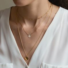 Gold Round Disc Long Necklace, Dainty Gold Coin Necklace – AMYO Jewelry Disc Duo, Pear Shaped Diamond Necklace, Three Necklaces, Diamond Choker Necklace, Layered Choker Necklace, Silver Necklace Set, Layered Necklace Set, Diamond Choker, Choker Necklace Set