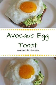 avocado egg toast on a white plate with an egg in the middle and another image above