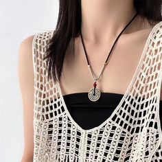 Color: Red Rope Necklace, Black Rope Necklace Fashion Element: Auspicious Pattern Style: New Chinese Style Casual Black Clavicle Chain Necklace, Black Casual Necklace With Adjustable Cord, Casual Black Necklace With Adjustable Cord, Black Pendant Necklace In Alloy, Casual Black Pendant Jewelry, Handmade Black Alloy Necklaces, Handmade Black Alloy Necklace, Casual Metal Choker Necklace, Casual Handmade Metal Necklace