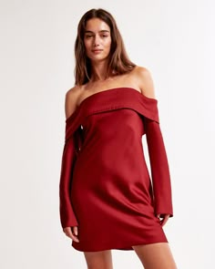 Flattering long-sleeve mini dress in our sleek high shine satin fabric and body-skimming silhouette, featuring flattering off-the-shoulder detail. Cherry Red Outfit, Cherry Coded, Wedding Dresses Taffeta, Pinterest Predicts, Red Satin Dress, Cherry Color, Abercrombie And Fitch Dresses, Cherry Wine, 2025 Trends