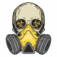 a skull wearing a gas mask with goggles on its face and two yellow eyes