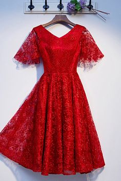 Shop modest short red all lace party dress vneck with sleeves online. All instock with free shipping. Pro since 2009. Red V-neck Evening Dress For Prom, Holiday V-neck Evening Dress For Banquet, Summer V-neck Banquet Evening Dress, Summer V-neck Evening Dress For Banquet, Summer V-neck Evening Dress For Banquets, Red A-line Midi Dress For Banquet, Red Knee-length Evening Dress For Prom, Red Knee-length Evening Dress For Prom Season, Red A-line V-neck Dress For Spring